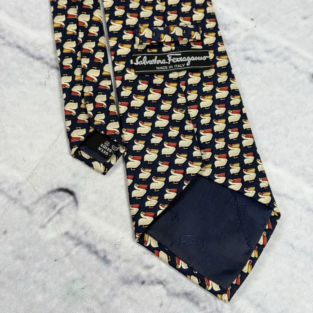 Salvatore Ferragamo Blue Silk Tie Pelican AOP Animal Print 59